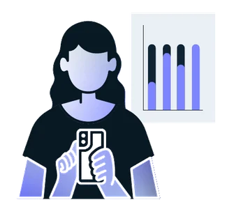 Illustration: a woman holding a phone beside a bar chart, representing a real consumer segment