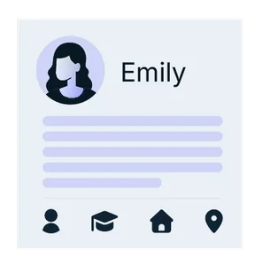 Illustration: a panelist bio card for Emily with a short narrative and demographic icons